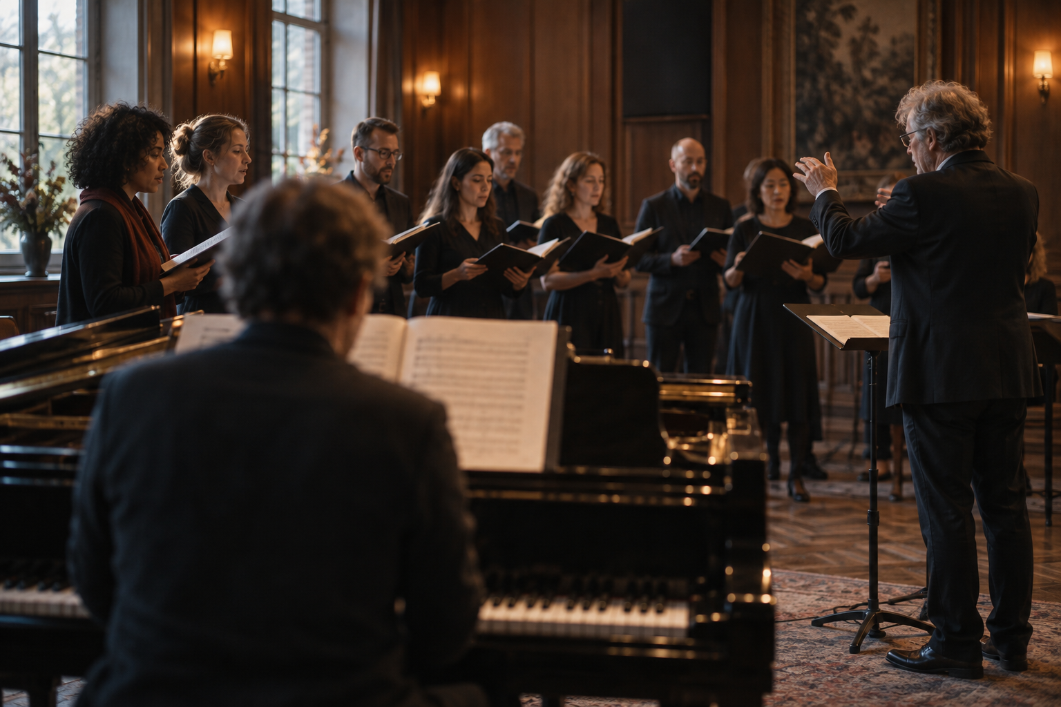 Koor, dirigent en pianist verdiept in een gezamenlijke repetitie